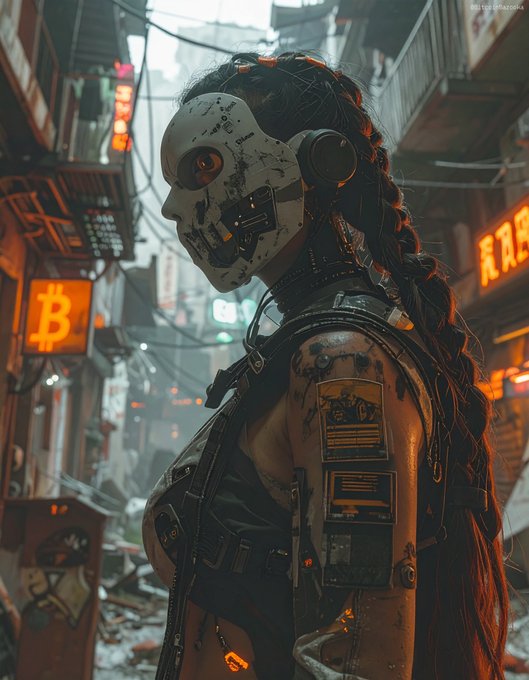 A cyberpunk woman with a mechanical white mask, braided hair, and tech-augmented body stands in a neon-lit urban alleyway featuring a glowing orange Bitcoin (₿) sign.