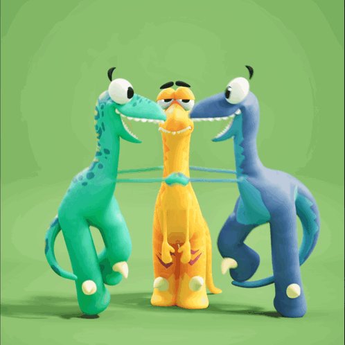 The image features three cartoon dinosaurs, each with a different color - green, yellow, and blue. They are standing next to each other against a green background, appearing as if they are interacting or posing for a photo. The caption of the image reads "Me trying to get Clayno Mfers to move to $ETH". This suggests that someone is attempting to capture an interesting or unique moment involving these dinosaurs in their photo.