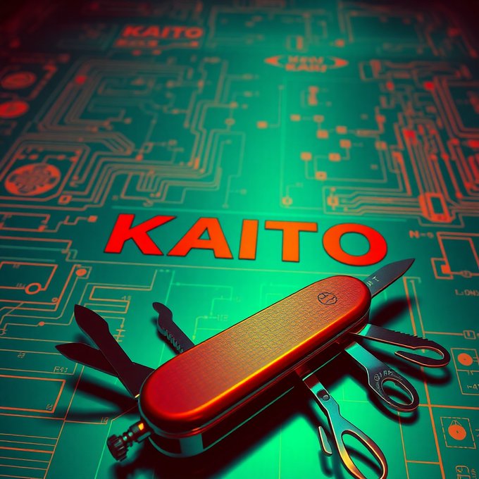 A stylized 3D render shows a red Swiss Army knife with scissors and blades extended, resting on a teal circuit board pattern with the word 'KAITO' prominently displayed in red letters.