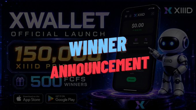 A promotional banner for 'XWALLET OFFICIAL LAUNCH' featuring a smartphone displaying the app, a small robot character, and text reading 'WINNER ANNOUNCEMENT' and '150,000 XIIIID PCFS WINNERS.'