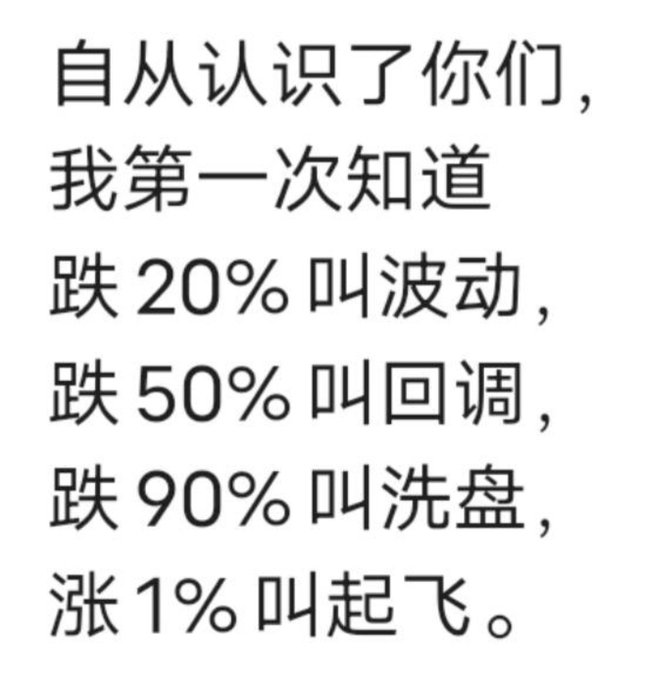 Chinese text meme about crypto markets that translates to: 'Since I met you guys, I first knew that a 20% drop is called volatility, a 50% drop is called a pullback, a 90% drop is called a shakeout, and a 1% rise is called takeoff.'