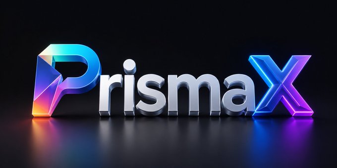 A 3D rendered logo reading 'PrismaX' in metallic and gradient neon colors against a dark background.