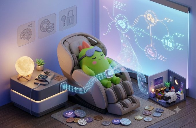 A 3D-rendered green axolotl character wearing a sleep mask rests in a massage chair, connected by glowing data lines to a holographic interface, surrounded by floating icons for sleep, security, and tokens.