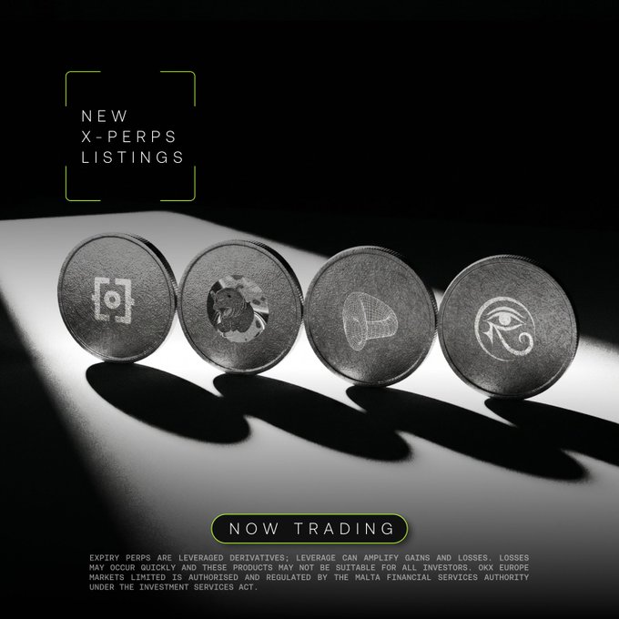 An OKX promotional graphic titled 'NEW X-PERPS LISTINGS' featuring four coin-shaped objects with engraved crypto symbols, with 'NOW TRADING' text and a disclaimer about expiry perps being leveraged derivatives regulated by OKX Europe Markets Limited under the Malta Financial Services Authority.