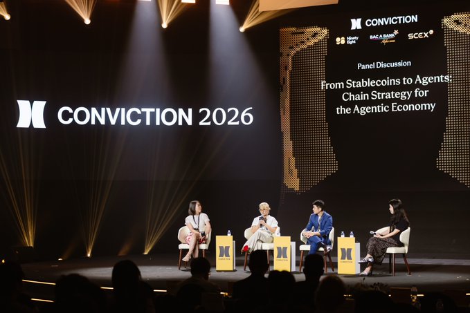 A panel discussion at the CONVICTION 2026 conference titled 'From Stablecoins to Agents: Chain Strategy for the Agentic Economy,' featuring four speakers seated on stage in front of an audience.