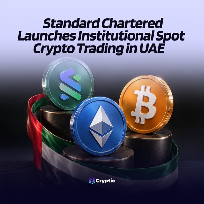 The image is a promotional graphic with the headline "Standard Chartered Launches Institutional Spot Crypto Trading in UAE," featuring 3D-rendered coins of Solana ($SOL), Bitcoin ($BTC), and Ethereum ($ETH) alongside a UAE flag ribbon, visually reinforcing the announcement of Standard Chartered's new regulated crypto trading services for institutional clients in Dubai.