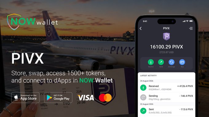 A promotional graphic for NOW Wallet featuring the PIVX cryptocurrency, with an airplane boarding pass and flight-themed background alongside a smartphone displaying a wallet balance of 16,100.29 PIVX ($272.57 USD) and recent transaction activity, reinforcing the post's travel metaphor of PIVX being "already on board" for the last month of summer.