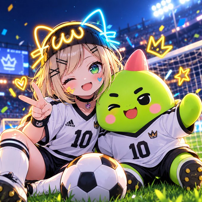 An anime-style illustration features a blonde girl with cat ear accessories and a green dinosaur mascot, both wearing white sports jerseys with the number '10', posing with a soccer ball in a stadium.