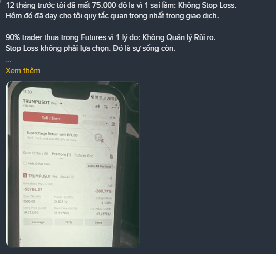 A Vietnamese-language trading warning about stop losses ('Không Stop Loss') showing a phone screenshot of a TRUMPUSDT futures position with a -208.79% loss.