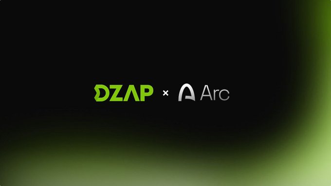 A dark graphic with green accents displaying the text 'DZAP × Arc', indicating a collaboration or partnership.