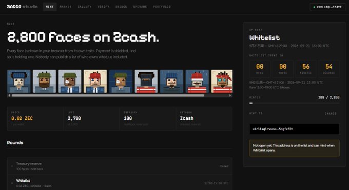 Screenshot of the 2,800 Faces on Zcash SADDR Studio mint website, showing pixel art character faces, a whitelist countdown timer, and mint details with a price of 0.62 ZEC.