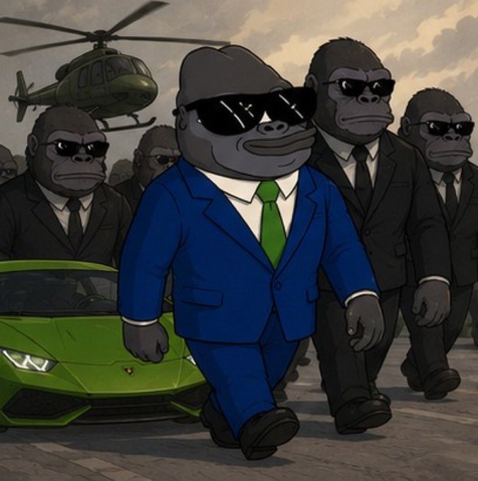 A digital illustration depicting a group of cartoon gorillas in business suits and sunglasses, led by one in a blue suit with a green tie, standing in front of a green Lamborghini and a military helicopter.