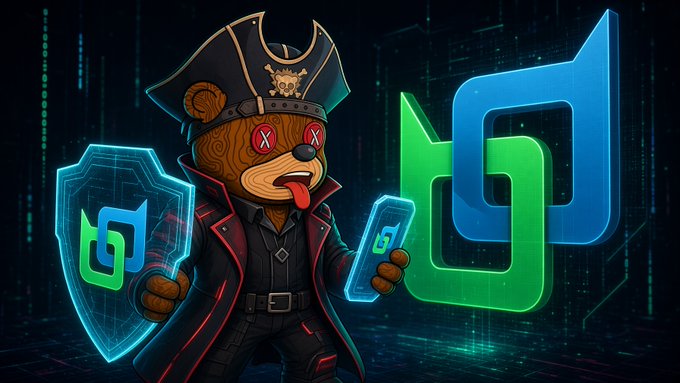 A digital illustration of a pirate-themed bear character wearing a tricorn hat and red-lined coat, holding a shield and smartphone, standing next to a green and blue logo on a dark circuit-board background.