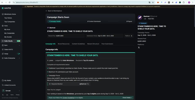 A screenshot of the "KAITO" studio dashboard displaying a "Campaign Starts Soon" notification with the message "STARTTEMBER IS HERE. TIME TO SHIELD YOUR SATS." for a Sept 10-Oct 2, 2026 campaign.