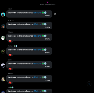 A chat interface showing repeated messages of 'Welcome to the renaissance' with a verified checkmark, all sent at '5:11 PM' in a group titled 'HEMP added Sakino.'