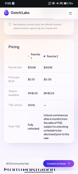 A mobile screenshot of the 'GotchiLabs' website displaying pricing tiers for 'Tranche 1' ($100K round) and 'Tranche 2' ($400K round) for a $CHI Community Sale.