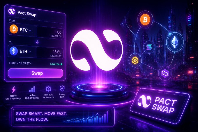 A futuristic purple-themed advertisement for 'Pact Swap', a cryptocurrency exchange showing a swap interface from BTC to ETH with 'Native One-Sop Swaps', 'Low Fees High Efficiency', and 'Pact Swap' branding.