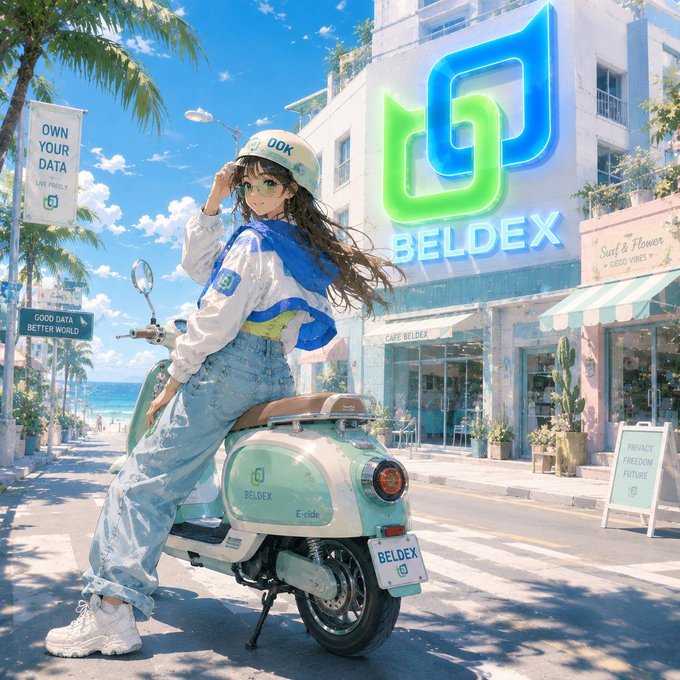 An anime-style illustration depicts a girl in a blue and white jacket and denim overalls sitting on a mint green scooter branded 'BELDEX' in a sunny coastal street scene.