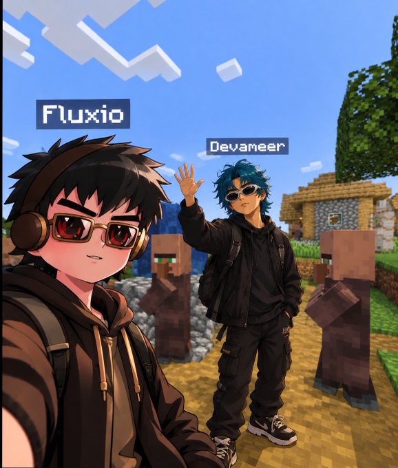An anime-style illustration of two characters named 'Fluxio' and 'Devameer' taking a selfie in a Minecraft world with villagers and a house in the background.