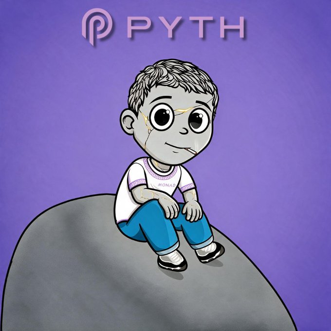 A cartoon character with cracked stone-like skin wearing glasses and a shirt labeled 'MONAD' beneath the 'PYTH' logo at the top, sitting on a gray rock against a purple background.