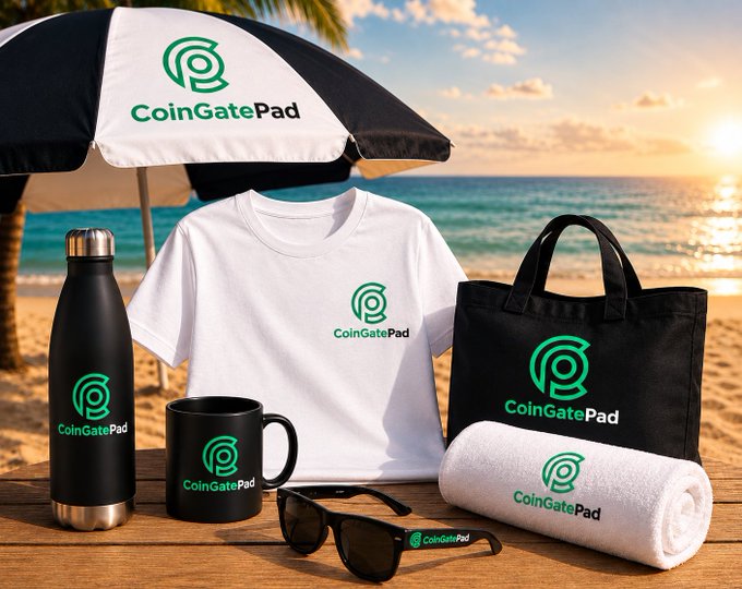 A branded merchandise display featuring "CoinGatePad" products including an umbrella, t-shirt, water bottle, mug, tote bag, towel, and sunglasses, arranged on a beach at sunset.
