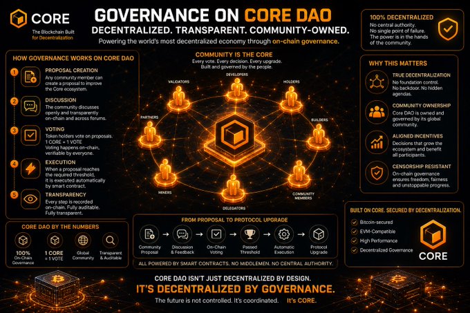 The image is an infographic titled "Governance on Core DAO," highlighting CORE's decentralized, transparent, and community-owned ecosystem. It details how proposals flow through community discussion, voting (requiring 1 CORE per vote), and automatic smart contract execution, while emphasizing key stats like "1 CORE = 1 VOTE" and "100% On-Chain Governance." The accompanying post aligns with this by explaining that CORE's power is intended to gradually shift from the founding team to the community, much like a startup evolving toward distributed ownership over time.