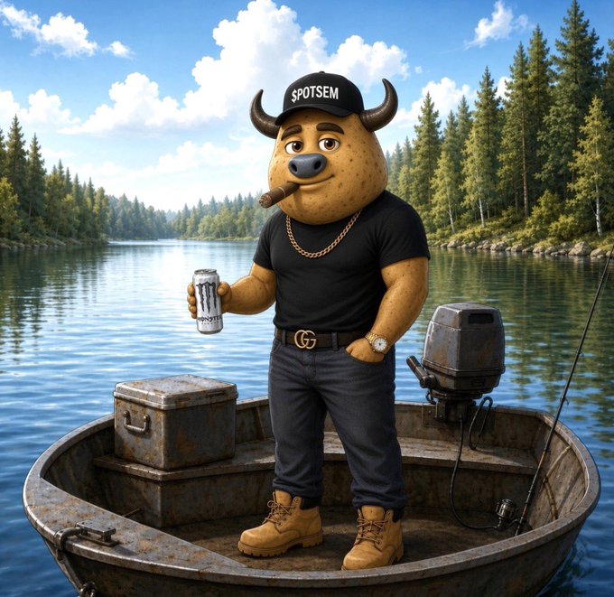 A muscular potato mascot wearing a "SPOTSEM" cap, gold chain, and Timberland boots smokes a cigar and holds an energy drink while standing on a rusty boat with a cooler, motor, and fishing rod—visually representing the rugged, outdoorsy vibe of the "$POTSEM loading" launch teased in the caption.