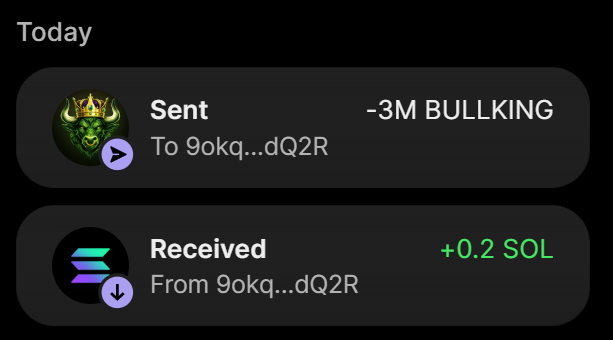 A wallet transaction history shows a "Sent" entry of -3M BULLKING and a "Received" entry of +0.2 SOL to/from the address 9okq...dQ2R, confirming the purchase of 3 million $BULLKING tokens for 0.2 SOL as advertised in the post.