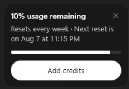 A dark-themed mobile UI notification displays '10% usage remaining' with the text 'Resets every week · Next reset is on Aug 7 at 11:15 PM' and an 'Add credits' button.