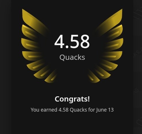 The image features a black background with a gold-colored bird's wing design, which appears to be a logo or emblem for an app or website. The text "Good evening gQuack fam Yesterday I earned 4.58 Quacks on @wallchain" is displayed in white letters below the winged design. This message congratulates the user and encourages them to keep learning and contributing over time.
