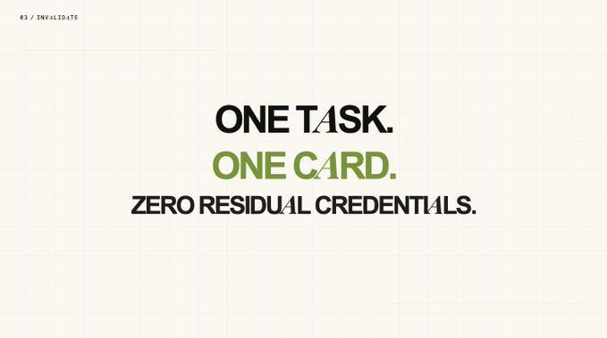 A minimalist graphic displays the text 'ONE TASK. ONE CARD. ZERO RESIDUAL CREDENTIALS.' with page indicator '03 / INVALIDATE.'