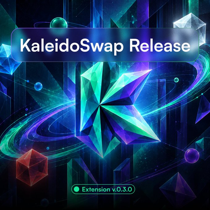 A digital artwork features a large, multifaceted teal and purple crystal as the centerpiece, surrounded by smaller geometric shapes and swirling energy trails against a dark cosmic background. The text "KaleidoSwap Release" appears prominently at the top, with "Extension v.0.3.0" noted at the bottom, visually promoting the new update mentioned in the post about KaleidoSwap's expanded Lightning node support, Arkade swaps, and RGB asset access.