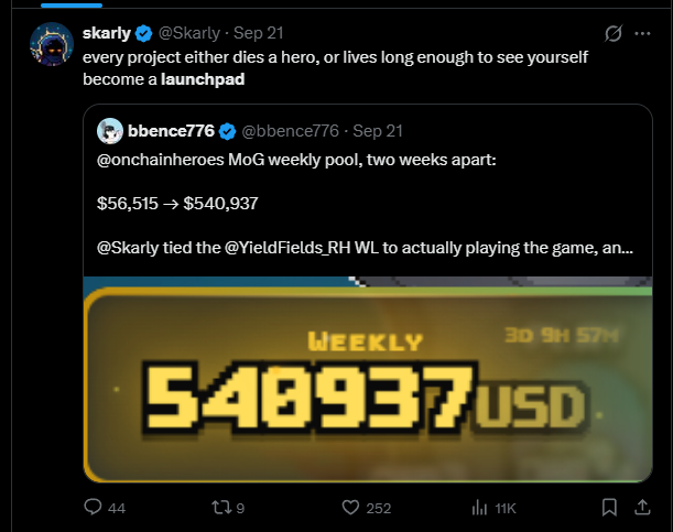 A screenshot of a tweet from @Skarly quoting @bbence776 about @onchainheroes, showing the MoG weekly pool growing from $56,515 to $540,937, with an image displaying $48937 USD weekly.