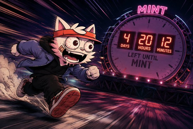 A determined cartoon cat wearing a red visor sprints urgently toward a large neon countdown clock reading "4 DAYS 20 HOURS 12 MINUTES LEFT UNTIL MINT," with "MINT" glowing in pink above it—visually capturing the excitement of the post's "FORWARD TO THE MINTTTTTTTTTT" countdown.