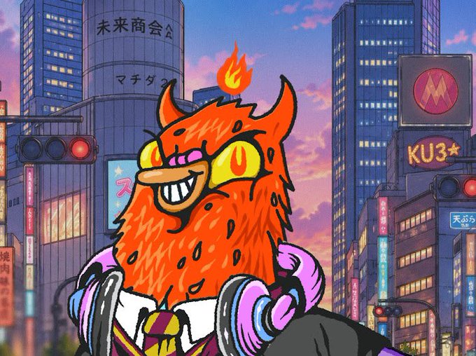 The image features a cartoon owl wearing headphones, standing in front of a city skyline with buildings lit up at night. The owl has an orange body and a red head, giving it a unique appearance. The text "hey hey It'S Rally NFT WL GIVEAWAY Requirements: - Follow @RallyOnChain & @Crypt0_PK - Like this post - Join and participate in this campaign: appr... Winners in 48-72 hours!" is present in the image, indicating that there might be a contest or giveaway related to the owl's appearance.