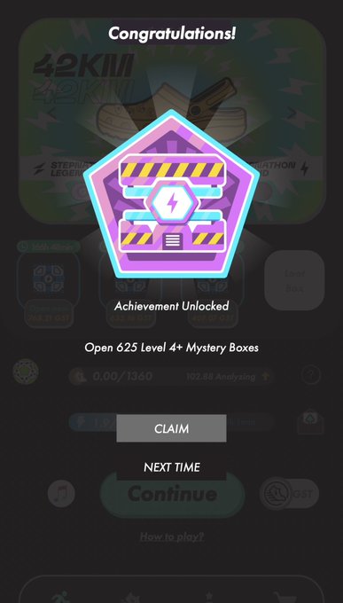A mobile app screen showing a 'Congratulations!' achievement unlocked for opening 625 Level 4+ Mystery Boxes, featuring a construction-themed badge and a 42km Marathon background.
