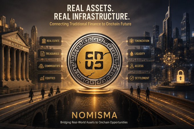 The image features an advertisement for Nomisma, which is promoting real assets like real estate or precious metals. The background of the image shows a cityscape with buildings at night, creating a contrast between the traditional and modern aspects of urban life. The text on the image reads "Real Assets Real Infrastructure" and "Connecting Traditional Finances to Onchain Future", emphasizing the connection between real assets and real infrastructure in the digital age.