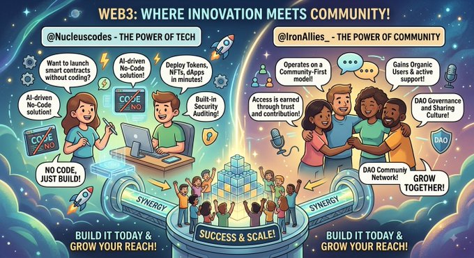 A colorful promotional graphic titled 'WEB3: WHERE INNOVATION MEETS COMMUNITY!' comparing @Nucleuscodes 'THE POWER OF TECH' with features like AI-driven solutions and built-in security, alongside @IronAllies_ 'THE POWER OF COMMUNITY' with DAO governance, with both sides converging at a central 'SUCCESS & SCALE!' platform.