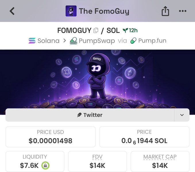 A screenshot of the "The FomoGuy" (FOMOGUY/SOL) token page on PumpSwap via Pump.fun, showing a price of $0.00001498 USD (0.00001944 SOL), with a market cap and FDV of $14K and liquidity of $7.6K. The accompanying post promotes $fomoguy as a potential first-mover experiment for retail traders, predicting it could run to millions in market cap.