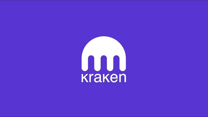 The Kraken cryptocurrency exchange logo, featuring a stylized white octopus-like 'm' symbol above the word 'kraken' on a purple gradient background.