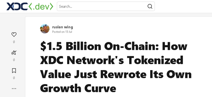 A screenshot of the XDC.dev website showing an article titled '$1.5 Billion On-Chain: How XDC Network's Tokenized Value Just Rewrote Its Own Growth Curve' by ruslan wing, posted on 13 Jul.