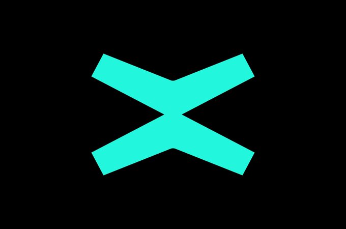 A bright teal/cyan X-shaped logo centered on a solid black background.