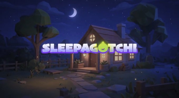A nighttime scene illustration featuring the colorful 'SLEEPAGOTCHI' logo displayed over a low-poly style house with a crescent moon and stars in the sky.