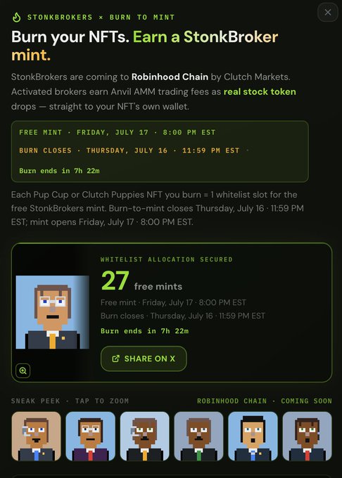 A promotional graphic for 'STONKBROKERS x BURN TO MINT' on Robinhood Chain by Clutch Markets, advertising free mints on Friday, July 17 at 8:00 PM EST with pixel art broker character previews.