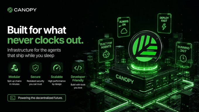 Canopy infrastructure promotional banner with the tagline 'Built for what never clocks out: Infrastructure for the agents that ship while you sleep,' highlighting features like Modular, Secure, Scalable, and Developer Friendly, with 'Powering the decentralized future.'