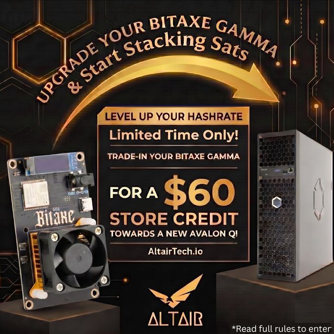 The image shows a computer tower with a gold arrow pointing towards it. Below the tower, there are two signs that read "Upgrade your Bitax exchange gamsa". The first sign says "Level up your hashrate", while the second sign reads "Limited time only! Trade in your Bitex exchange gamsa for $60 store credit".
