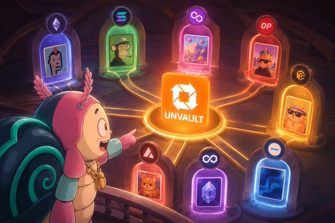 A digital illustration shows a pink creature character pointing at a glowing "UNVAULT" portal surrounded by colorful NFT-style displays featuring pixel art, monkey characters, and cats.