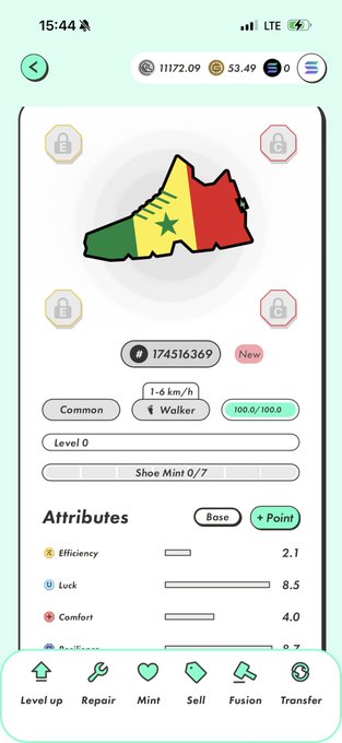 The image shows a phone screen displaying information about sneakers from around the world. The screen has a green background, white text, and icons representing different countries' shoe designs. There are also options for leveling up sneakers or accessing bonus content related to sneaker-related events. The main focus of the image is on the sneakers themselves, with various descriptions and details about their features and origins from around the globe.