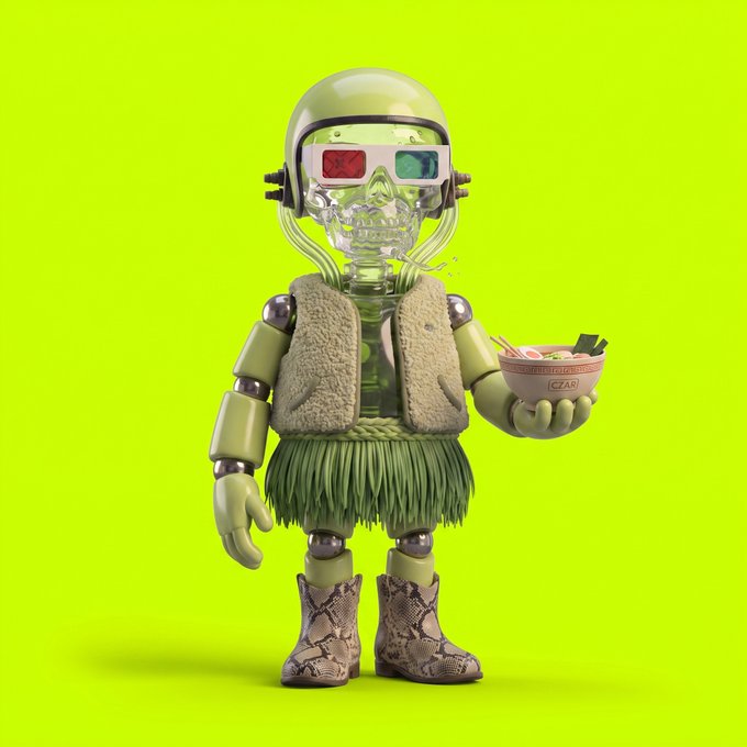 A green, robot-like figure wearing 3D glasses, a fleece vest, a grass skirt, and snakeskin-patterned boots, holding a bowl labeled "ICZAR" against a bright green background.