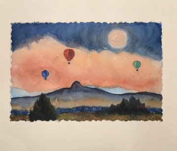 A watercolor painting depicting a serene landscape with mountains, three hot air balloons, and a full moon set against a gradient sky of blue and pink.